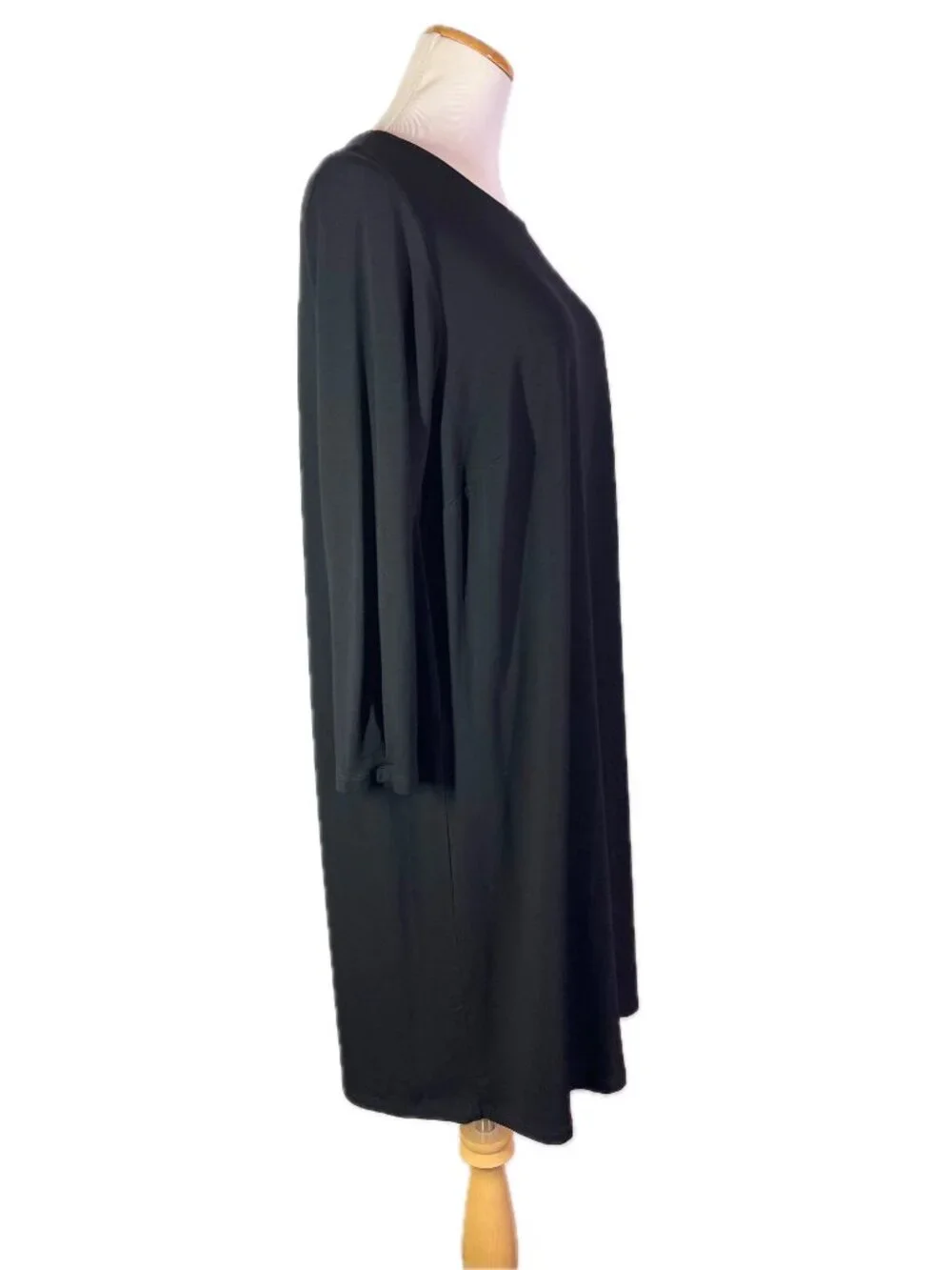 Eileen Fisher Size L? Black Viscose Knit Shift Dress Long Sleeve Stretchy